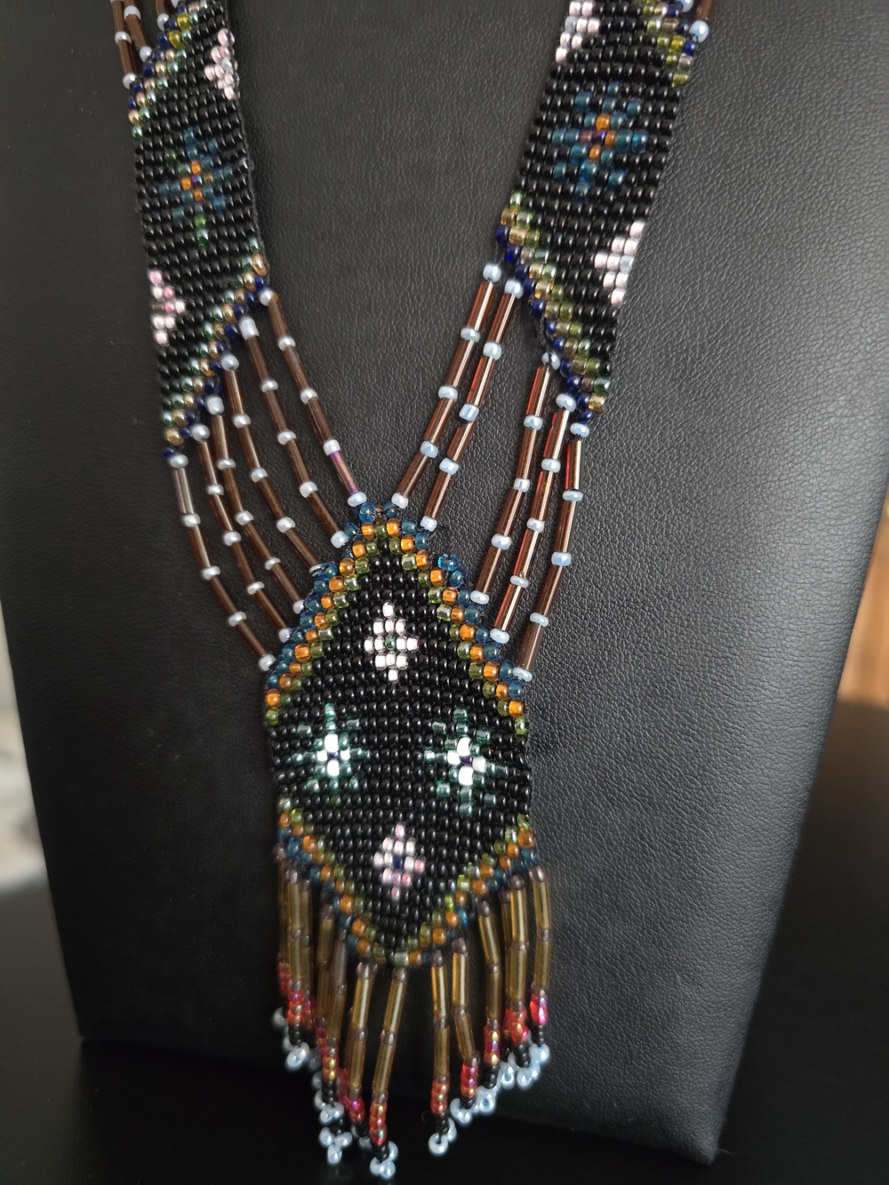 Handcrafted Beaded Fringe Necklace - Black and Brown - Picture 3 of 7